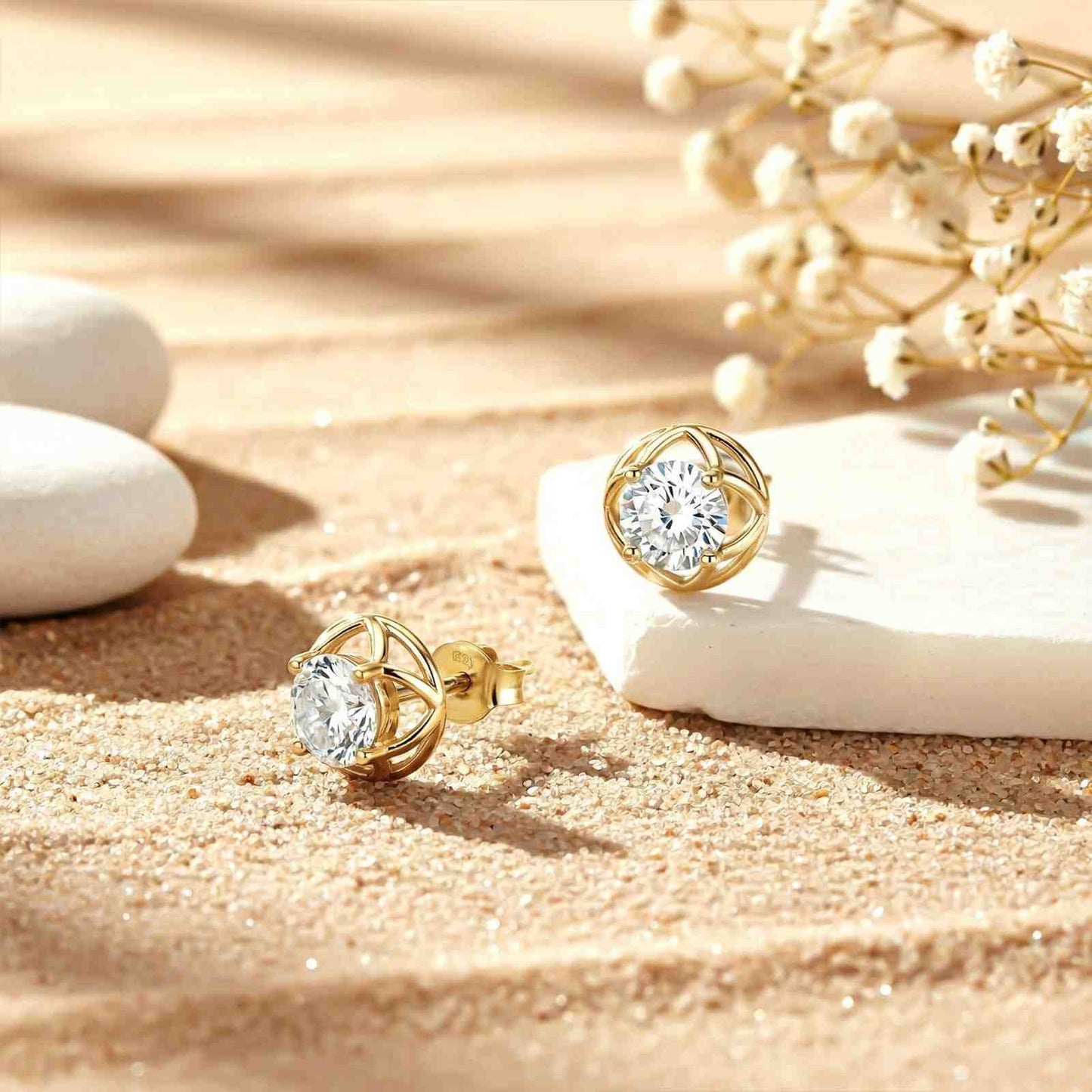 Golden Moissanite Flower Stud Earrings