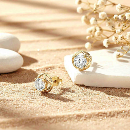 Golden Moissanite Flower Stud Earrings