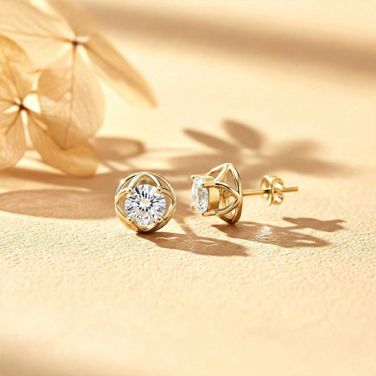 Golden Moissanite Flower Stud Earrings