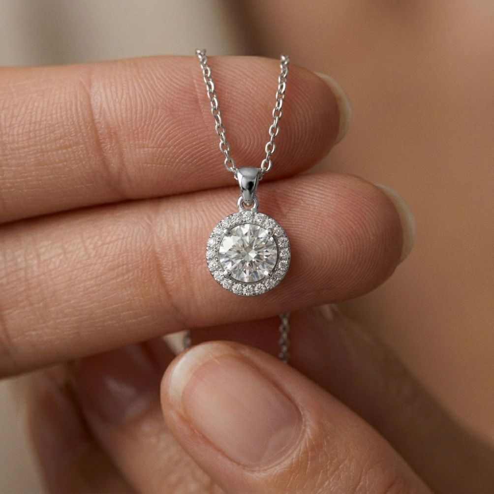 1.2Ct Moissanite Round Halo Solitaire Pendant