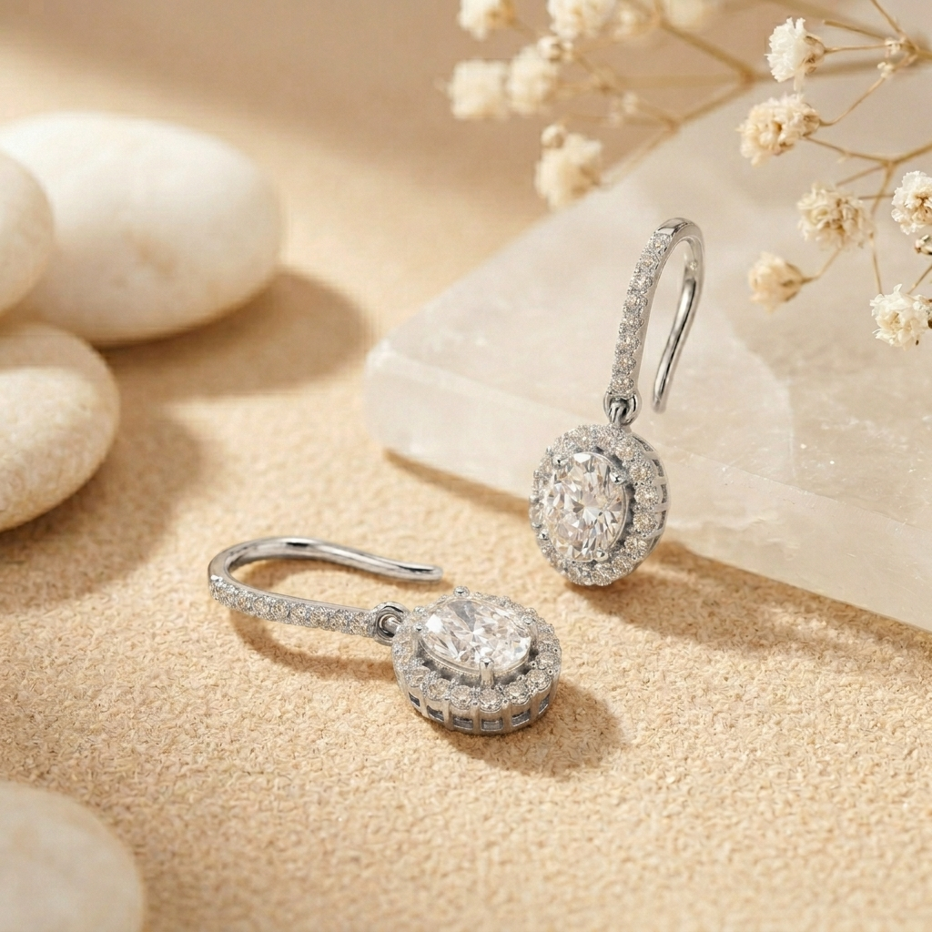 1.29Ct Moissanite Elegant Halo Hook Drop Earrings