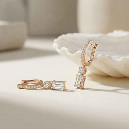 1Ct Moissanite Modern Baguette Drop Hoop Earrings