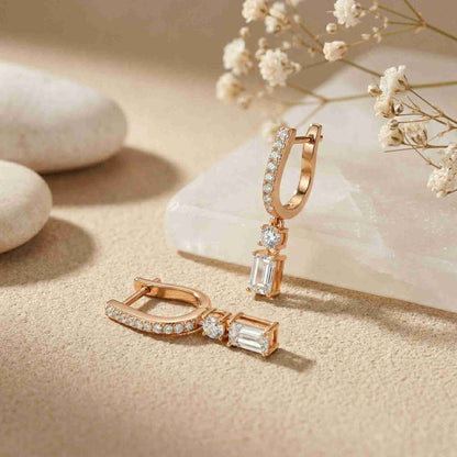 1Ct Moissanite Modern Baguette Drop Hoop Earrings