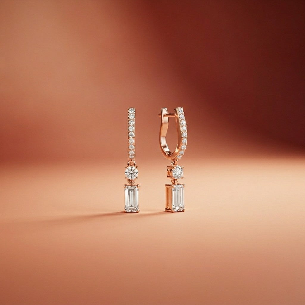 1Ct Moissanite Modern Baguette Drop Hoop Earrings