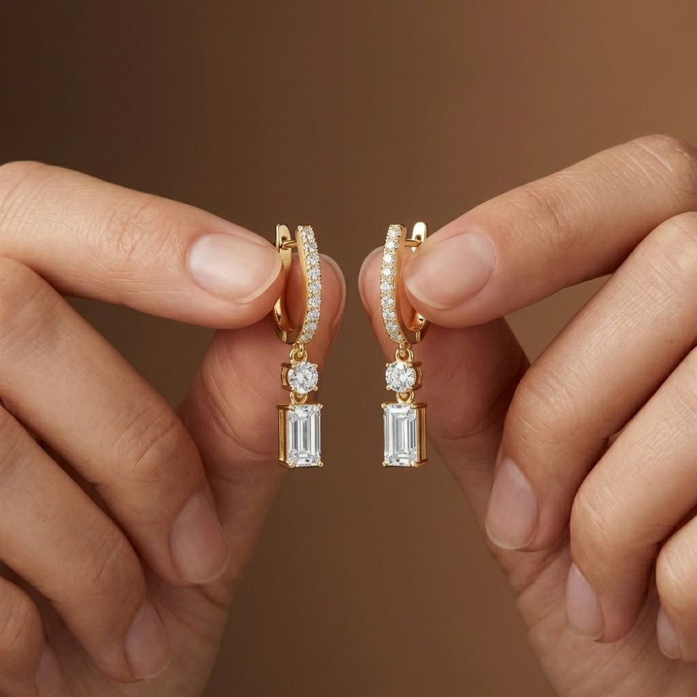 1Ct Moissanite Modern Baguette Drop Hoop Earrings