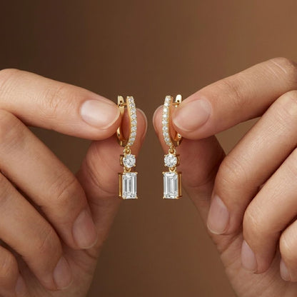 1Ct Moissanite Modern Baguette Drop Hoop Earrings