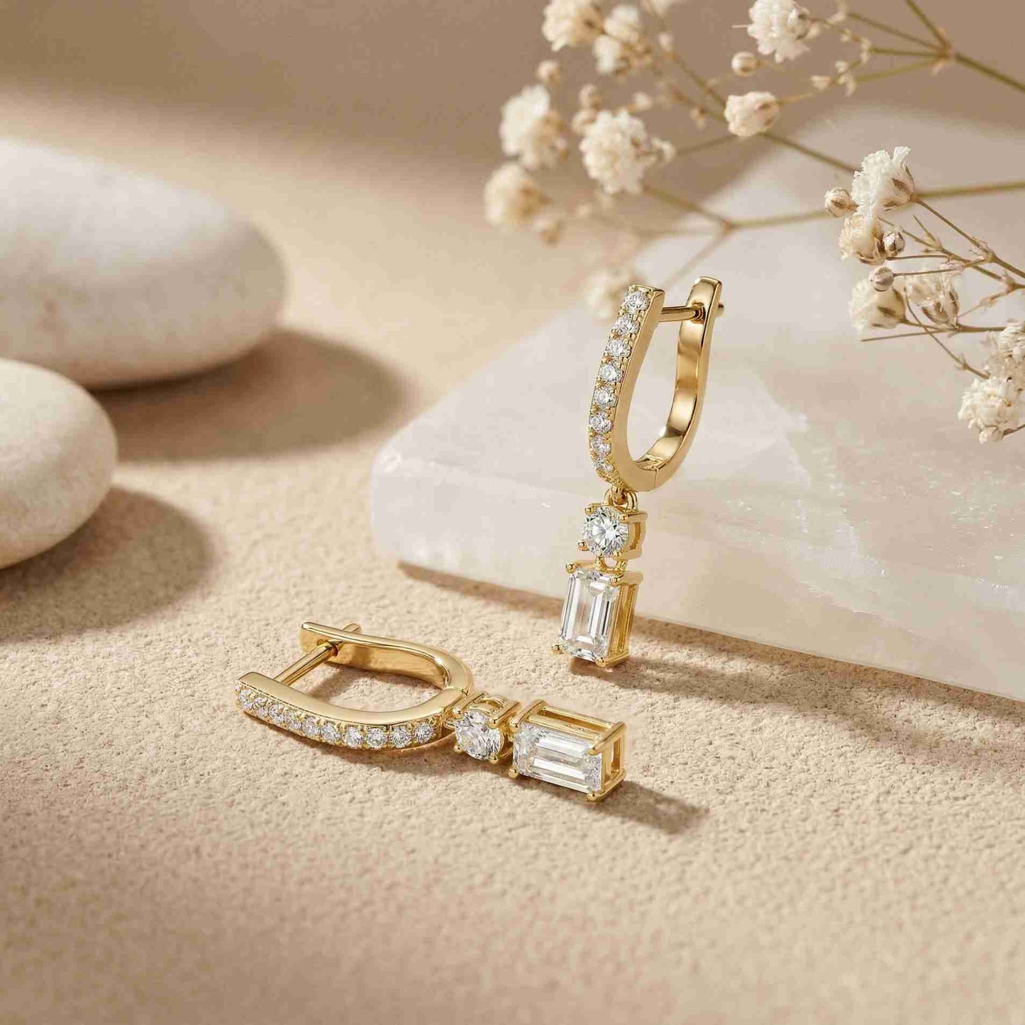 1Ct Moissanite Modern Baguette Drop Hoop Earrings