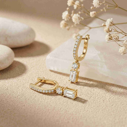 1Ct Moissanite Modern Baguette Drop Hoop Earrings