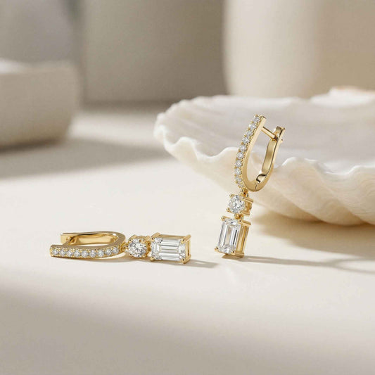 1Ct Moissanite Modern Baguette Drop Hoop Earrings