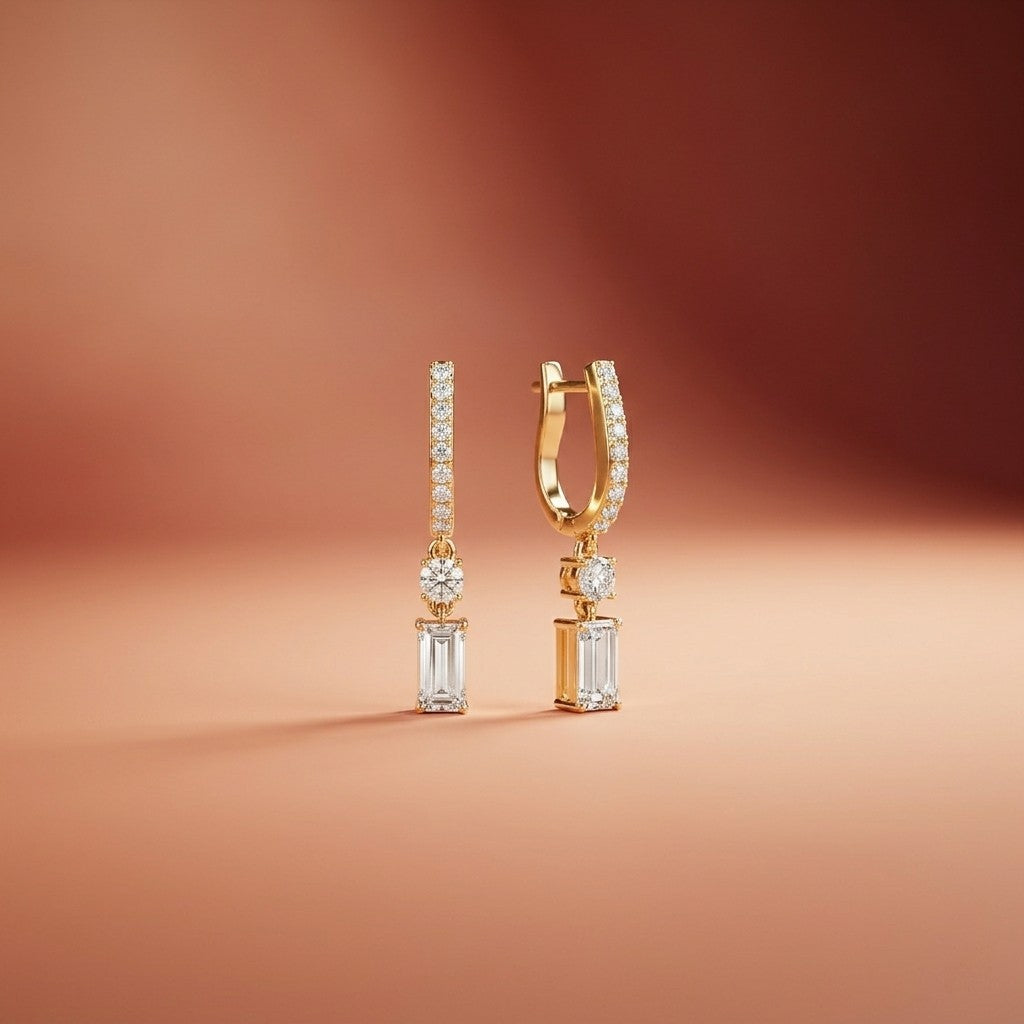 1Ct Moissanite Modern Baguette Drop Hoop Earrings