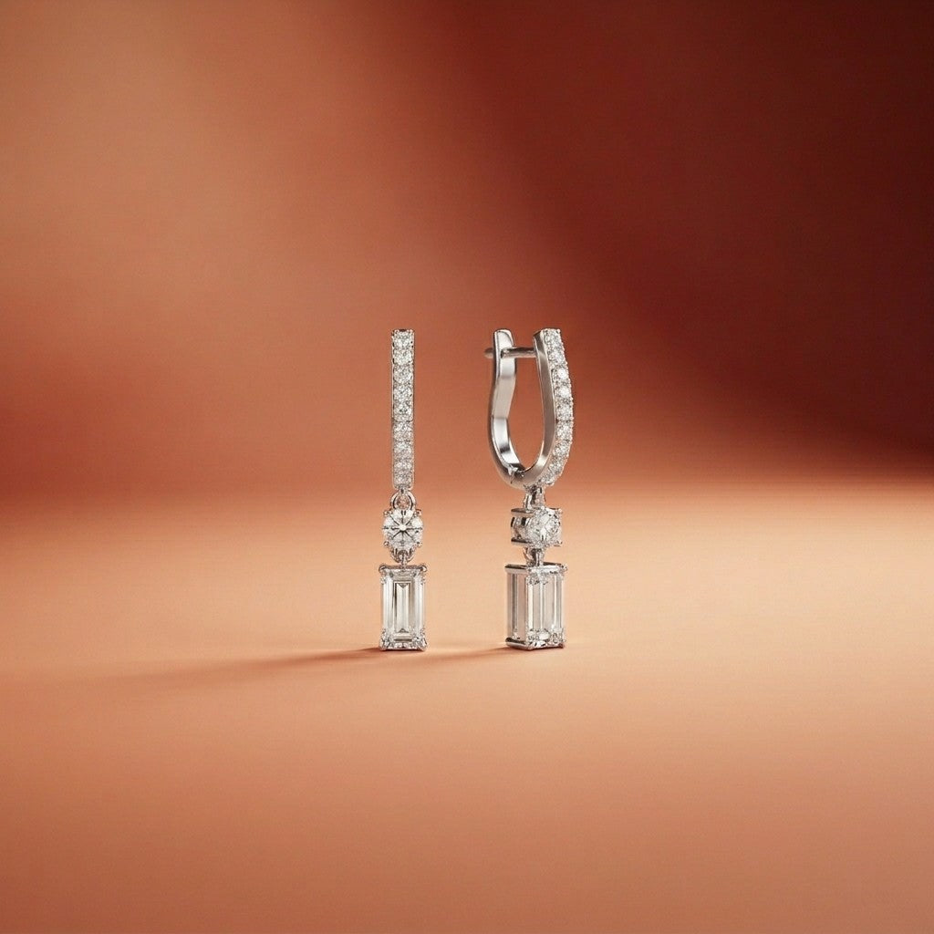 1Ct Moissanite Modern Baguette Drop Hoop Earrings