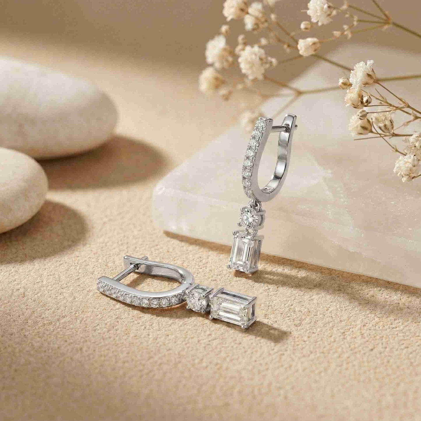 1Ct Moissanite Modern Baguette Drop Hoop Earrings