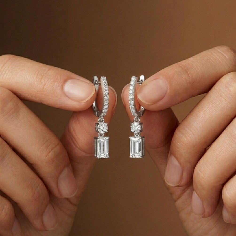 1Ct Moissanite Modern Baguette Drop Hoop Earrings