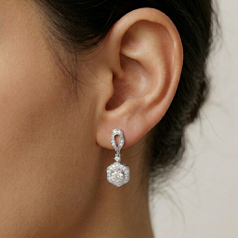 1.42Ct Moissanite Vintage Halo Drop Earrings