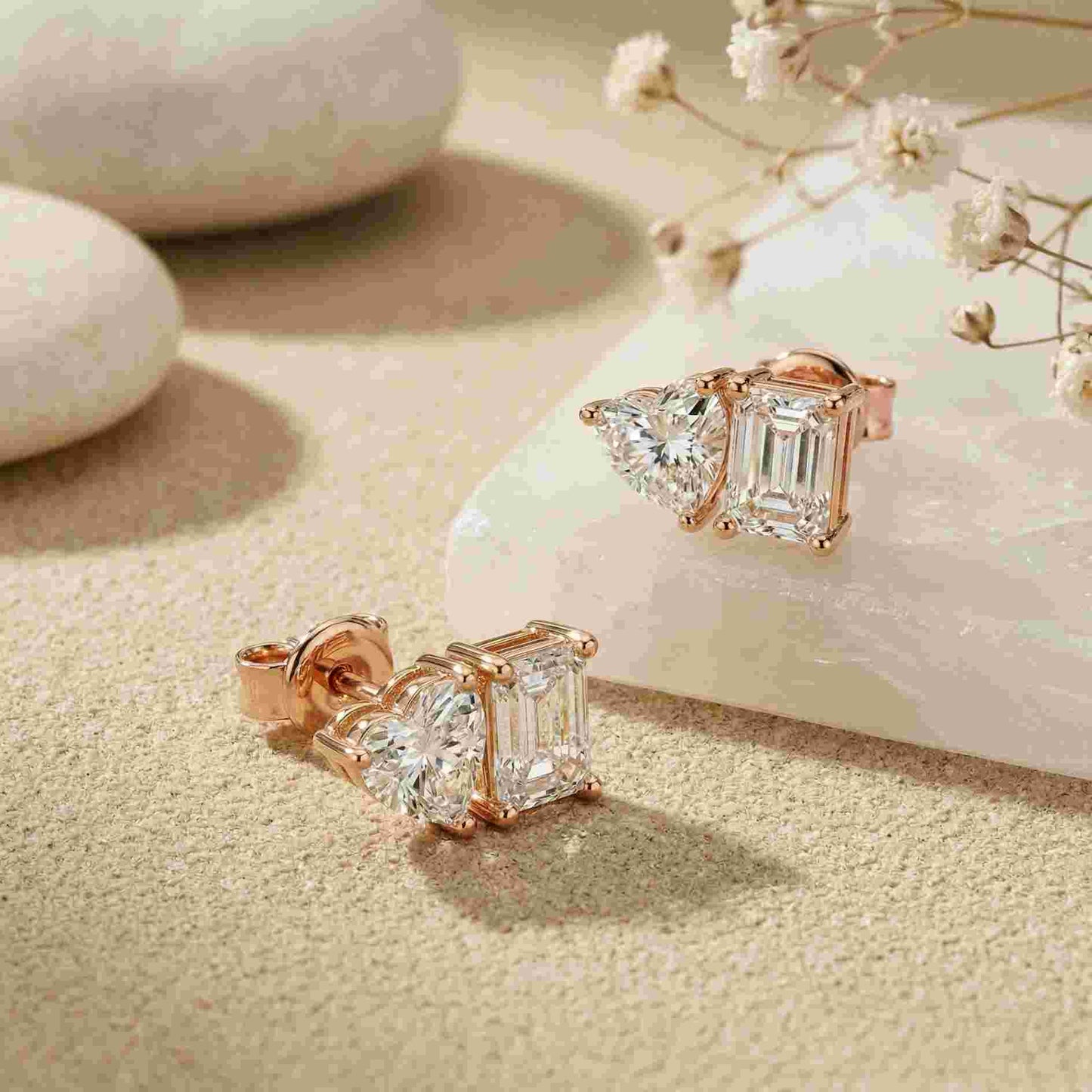 3Ct Moissanite Emerald & Heart Stud Earrings