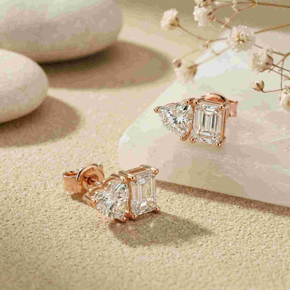 3Ct Moissanite Emerald & Heart Stud Earrings
