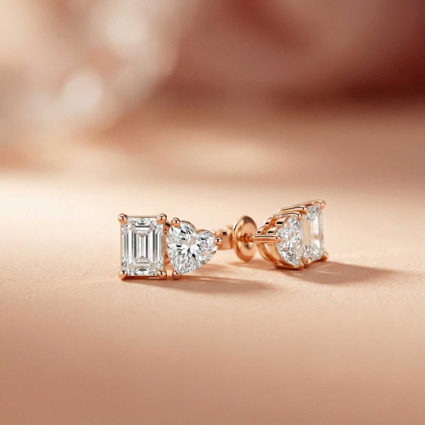 3Ct Moissanite Emerald & Heart Stud Earrings