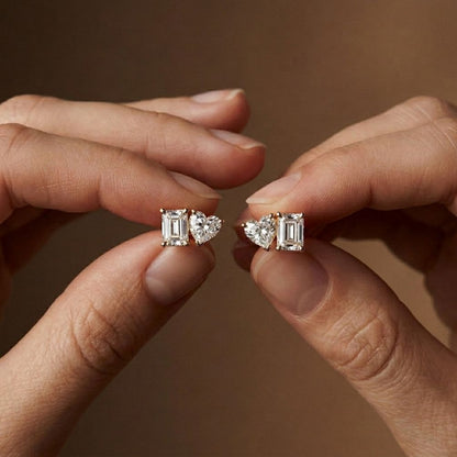 3Ct Moissanite Emerald & Heart Stud Earrings