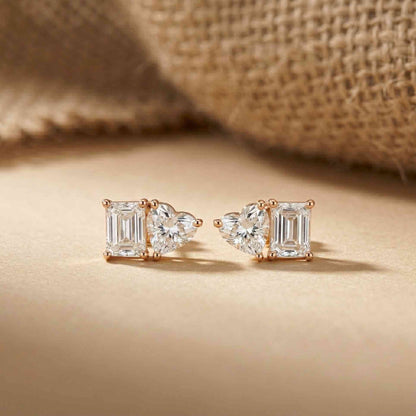 3Ct Moissanite Emerald & Heart Stud Earrings