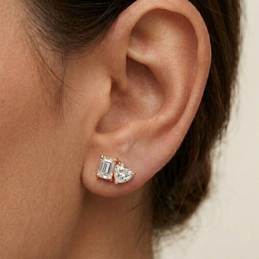 3Ct Moissanite Emerald & Heart Stud Earrings