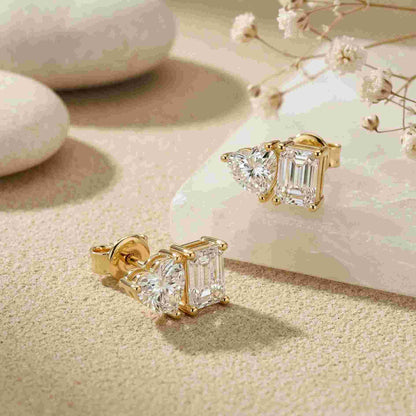 3Ct Moissanite Emerald & Heart Stud Earrings