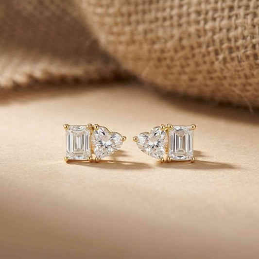3Ct Moissanite Emerald & Heart Stud Earrings