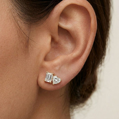 3Ct Moissanite Emerald & Heart Stud Earrings