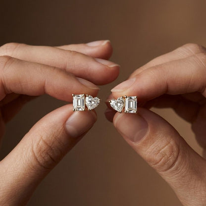 3Ct Moissanite Emerald & Heart Stud Earrings