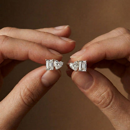 3Ct Moissanite Emerald & Heart Stud Earrings