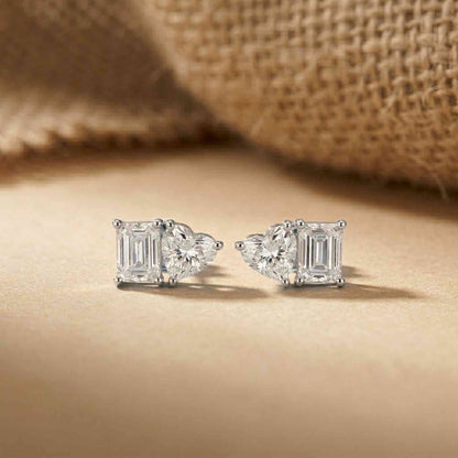 3Ct Moissanite Emerald & Heart Stud Earrings