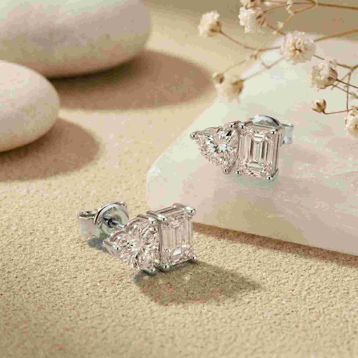 3Ct Moissanite Emerald & Heart Stud Earrings