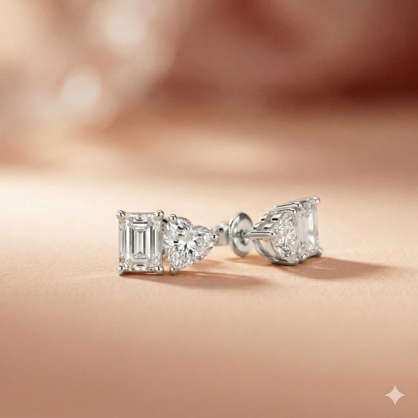 3Ct Moissanite Emerald & Heart Stud Earrings