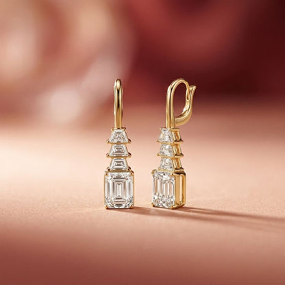 9.52Ct Moissanite Emerald Drop Tiered Earrings