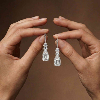 9.52Ct Moissanite Emerald Drop Tiered Earrings