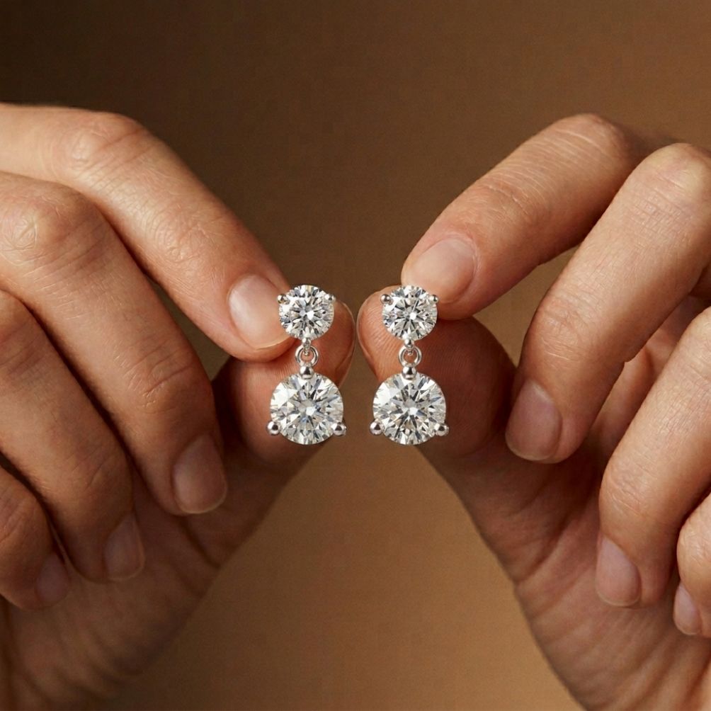 3Ct Moissanite Double Drop Round Earrings