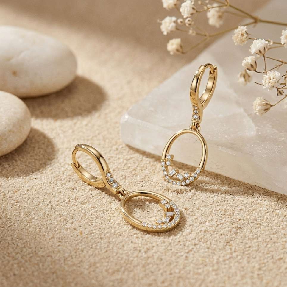 0.27Ct Moissanite Oval Drop Hoop Earrings