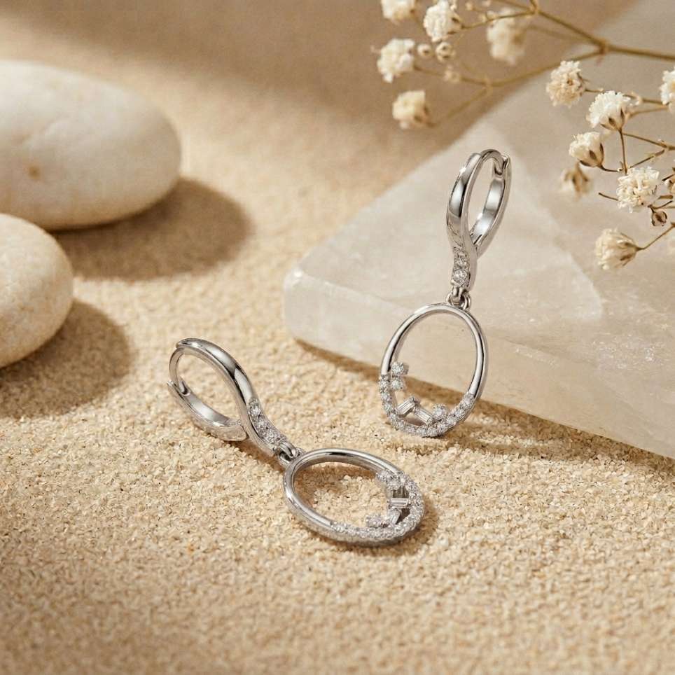 0.27Ct Moissanite Oval Drop Hoop Earrings