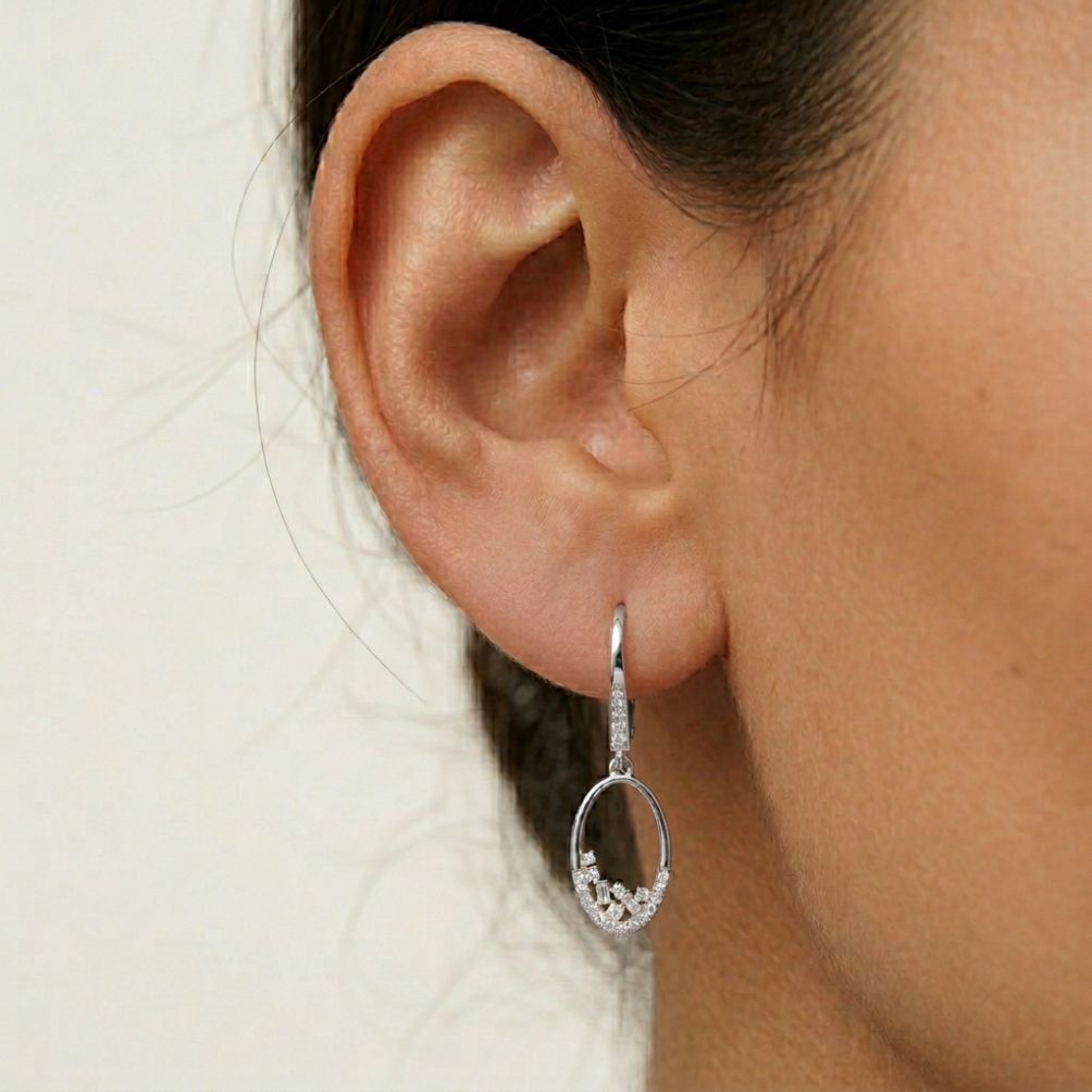 0.27Ct Moissanite Oval Drop Hoop Earrings