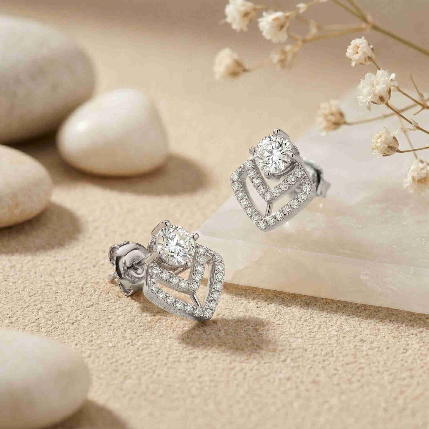 3.41Ct Moissanite Chevron Halo Drop Stud Earrings