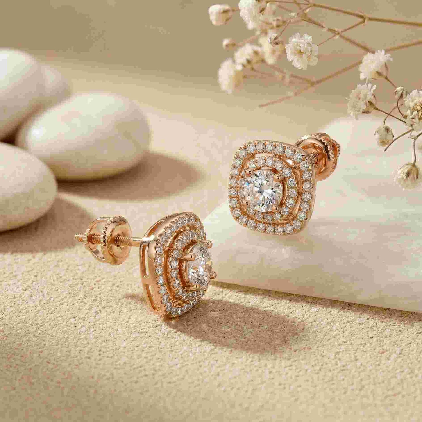3.89Ct Moissanite Double Halo Cushion Stud Earrings