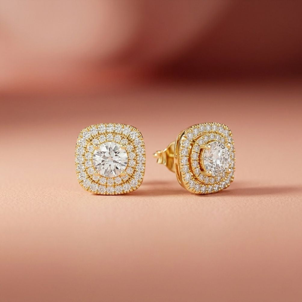 3.89Ct Moissanite Double Halo Cushion Stud Earrings