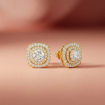 3.89Ct Moissanite Double Halo Cushion Stud Earrings