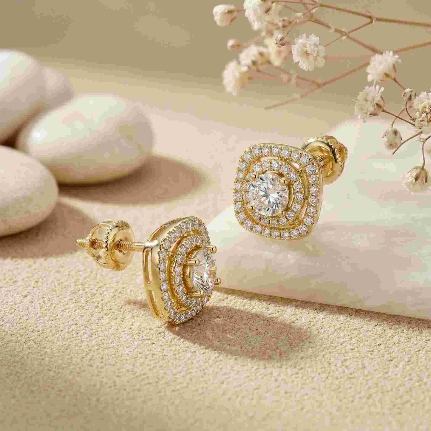 3.89Ct Moissanite Double Halo Cushion Stud Earrings