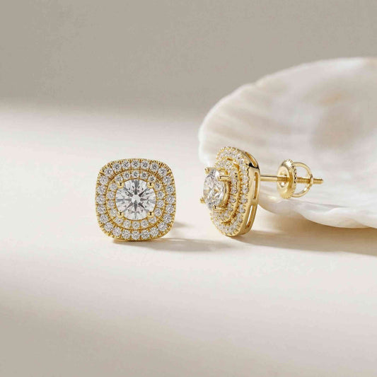 3.89Ct Moissanite Double Halo Cushion Stud Earrings