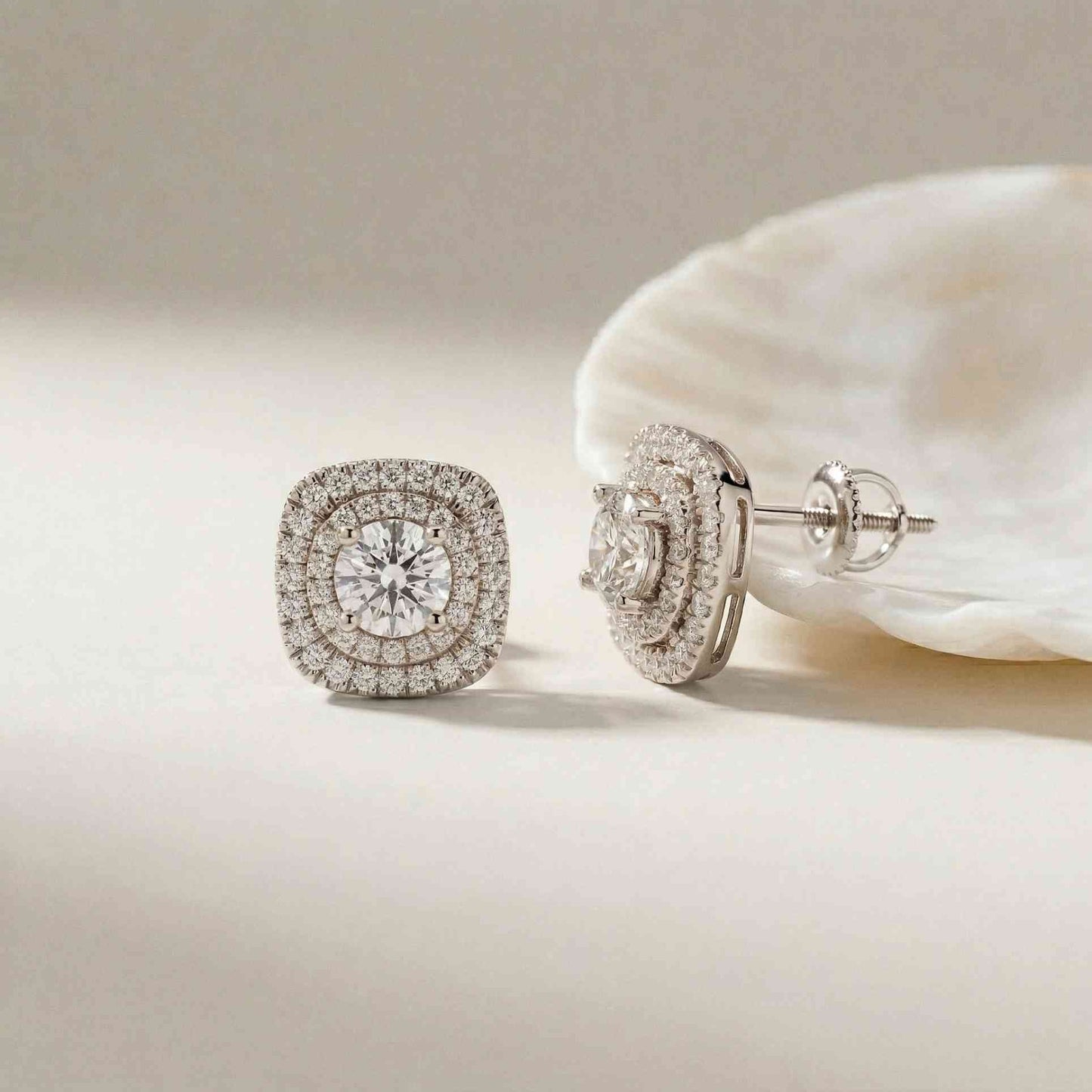 3.89Ct Moissanite Double Halo Cushion Stud Earrings