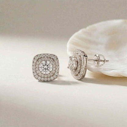 3.89Ct Moissanite Double Halo Cushion Stud Earrings