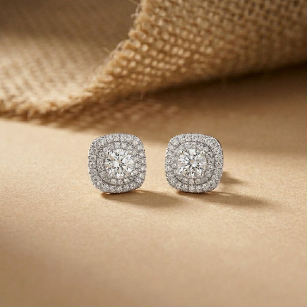 3.89Ct Moissanite Double Halo Cushion Stud Earrings