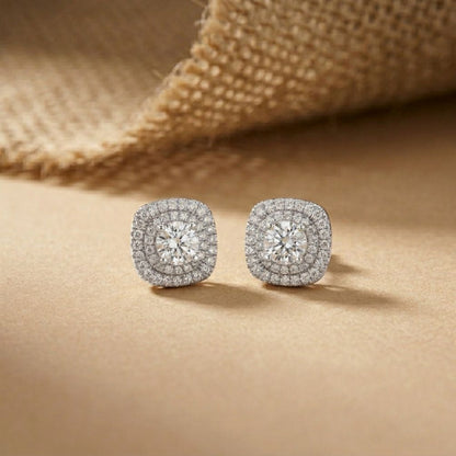 3.89Ct Moissanite Double Halo Cushion Stud Earrings