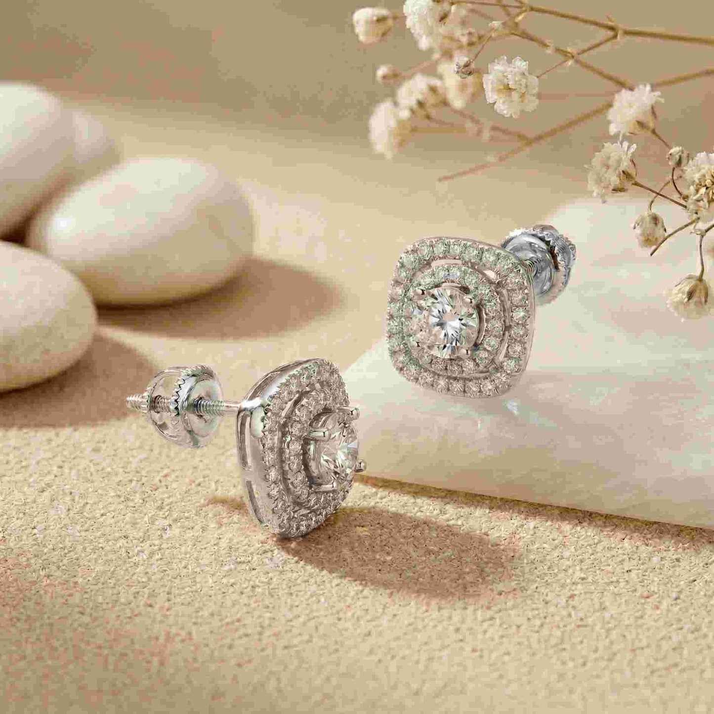 3.89Ct Moissanite Double Halo Cushion Stud Earrings