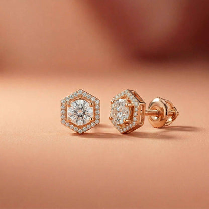 2.98Ct Moissanite Hexagon Halo Stud Earrings